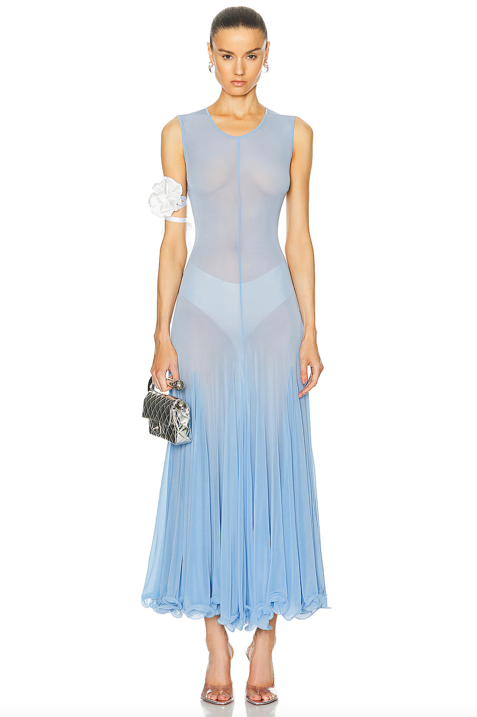 Introducing the Short Sleeve Midi Dress by Magda Butrym. Made with lightweight jersey fabric and elegant pleating, this dress drapes beautifully on your figure. Elevate your wardrobe with this luxurious piece and don't forget to consider undergarments for the sheer finish. Embrace the unexpected with Magda Butrym.