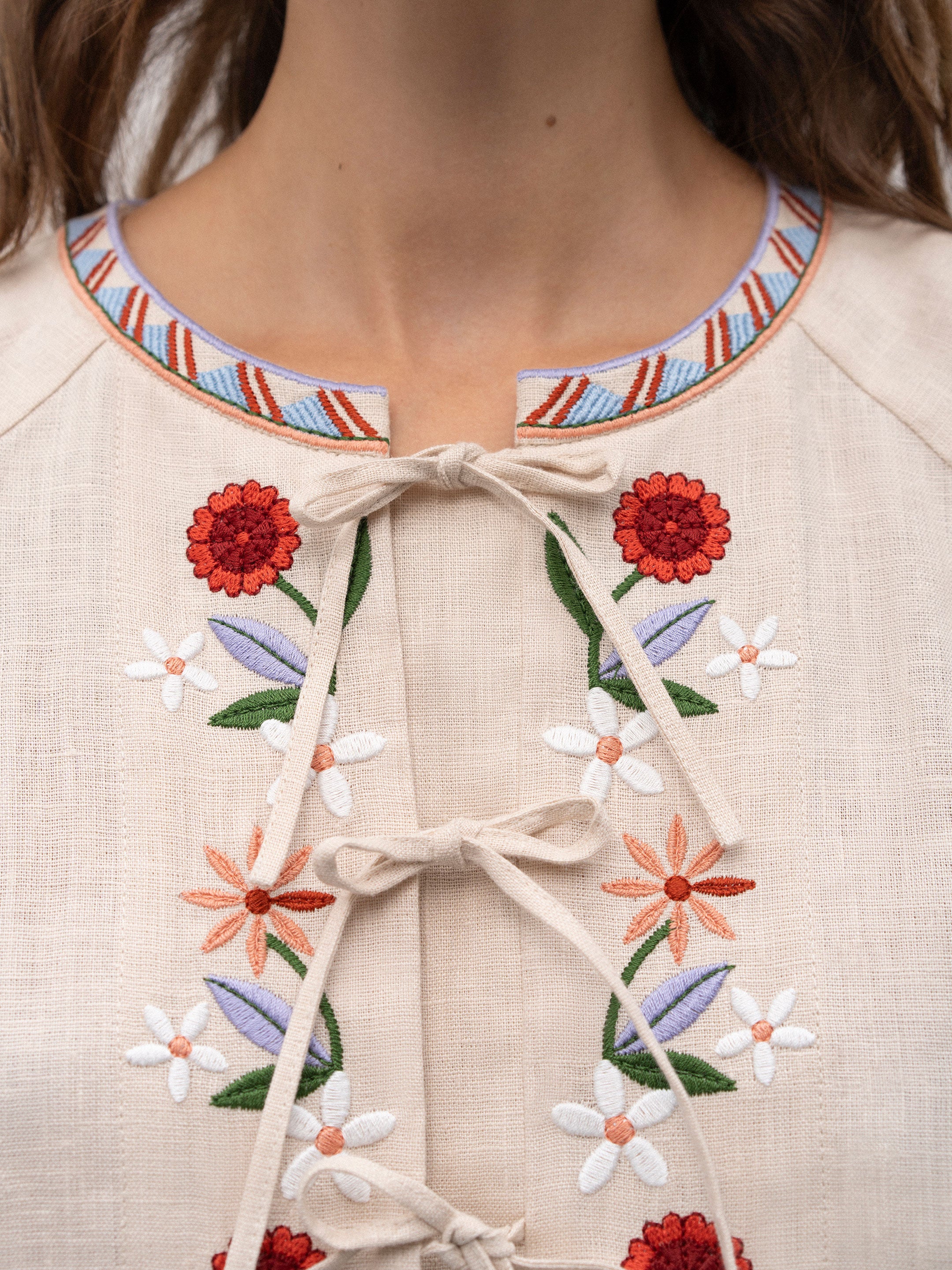 Get ready to turn heads with the Leena Embroidered Blouse! This stylish blouse features a beautiful 3D flower embroidery, flared sleeves, and a chic lace-up neckline. Embrace your unique fashion sense with this vintage-inspired piece.