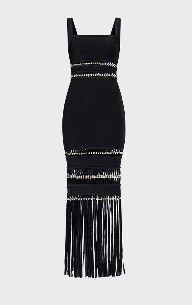 The Ines Gown by Hervé Léger epitomizes modern elegance with its expertly engineered body-contouring midi silhouette designed to enhance your natural curves. The bold square neckline makes an unforgettable statement, while meticulously hand-placed silver beads create a mesmerizing shimmer that captures light with every movement. Strategically positioned cutouts reveal just enough skin to add sophisticated allure, proving that true luxury lies in the perfect balance between coverage and confidence. 