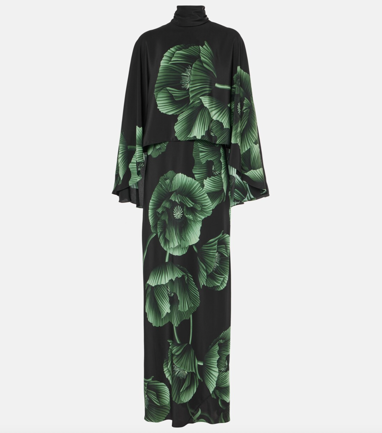 Experience elegance with the Floral Embroidered Silk Gown in green by Johanna Ortiz. Crafted from fluid silk, this floor-grazing gown showcases delicate floral embroidery and is enhanced by a dramatic draped cape detail. Perfect for making a graceful statement, it combines luxurious comfort with timeless sophistication.