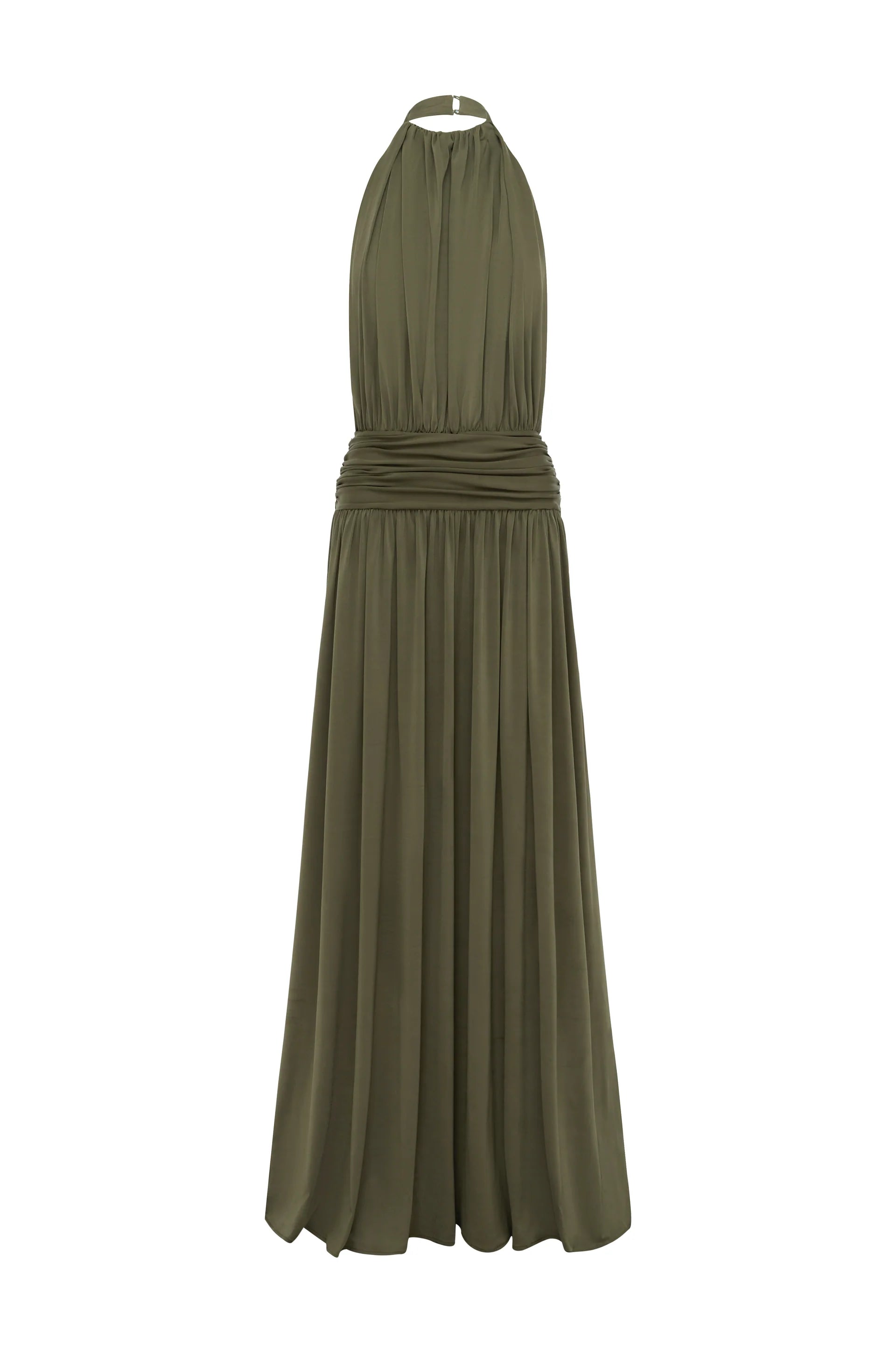 Introducing Santina by Arcina Ori—where sophistication meets movement. This khaki halter dress captivates with its fluid draping and sensual design details, including a ruched centre back and strategically placed gathers that flatter your silhouette. The low-set waistband and floor-length hem create an elongated, graceful line, while the open back design adds an element of allure perfect for making an entrance. 