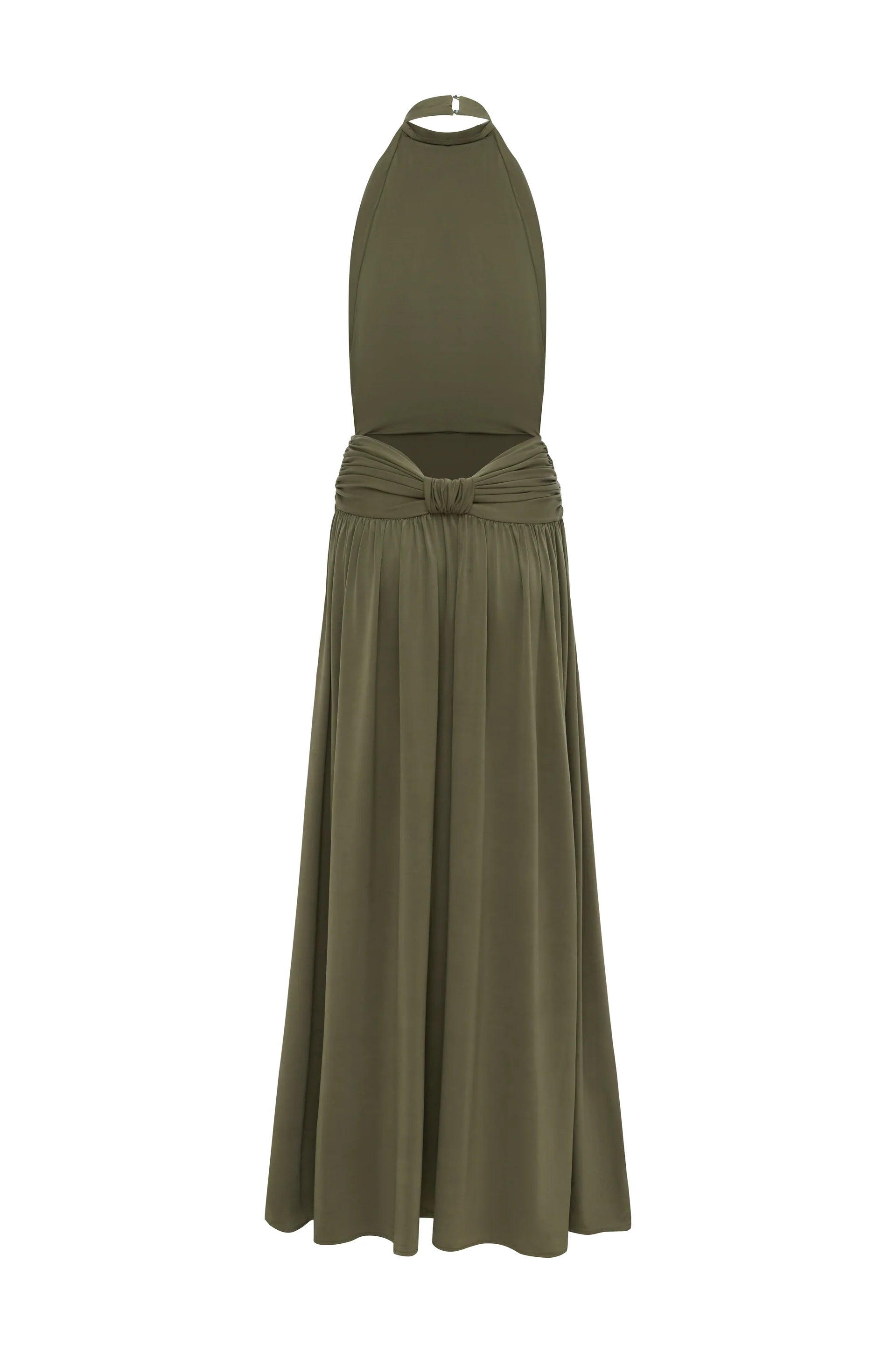 Introducing Santina by Arcina Ori—where sophistication meets movement. This khaki halter dress captivates with its fluid draping and sensual design details, including a ruched centre back and strategically placed gathers that flatter your silhouette. The low-set waistband and floor-length hem create an elongated, graceful line, while the open back design adds an element of allure perfect for making an entrance. 