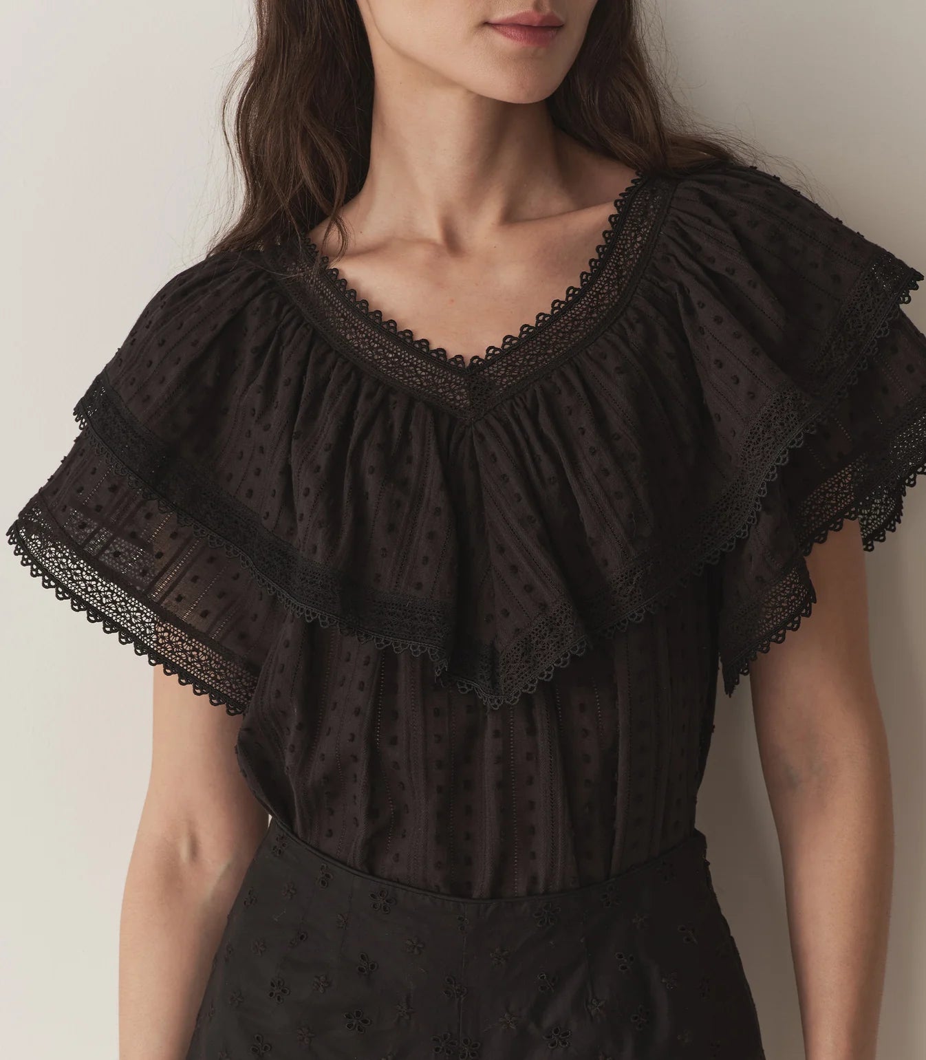 Experience effortless elegance with the Cosenza Top by Doen, crafted from vintage-inspired cotton-voile dobby for a lightweight, breathable feel. Its breezy cut and subtle V-neckline framed by a wide ruffle bring a touch of femininity, enhanced by intricate lace and delicate scallop trims. Oversized flutter sleeves add movement and charm, making it perfect for both casual days or dressing up. Style it loose for a relaxed vibe or tuck it into high-waisted jeans to elevate your look. 