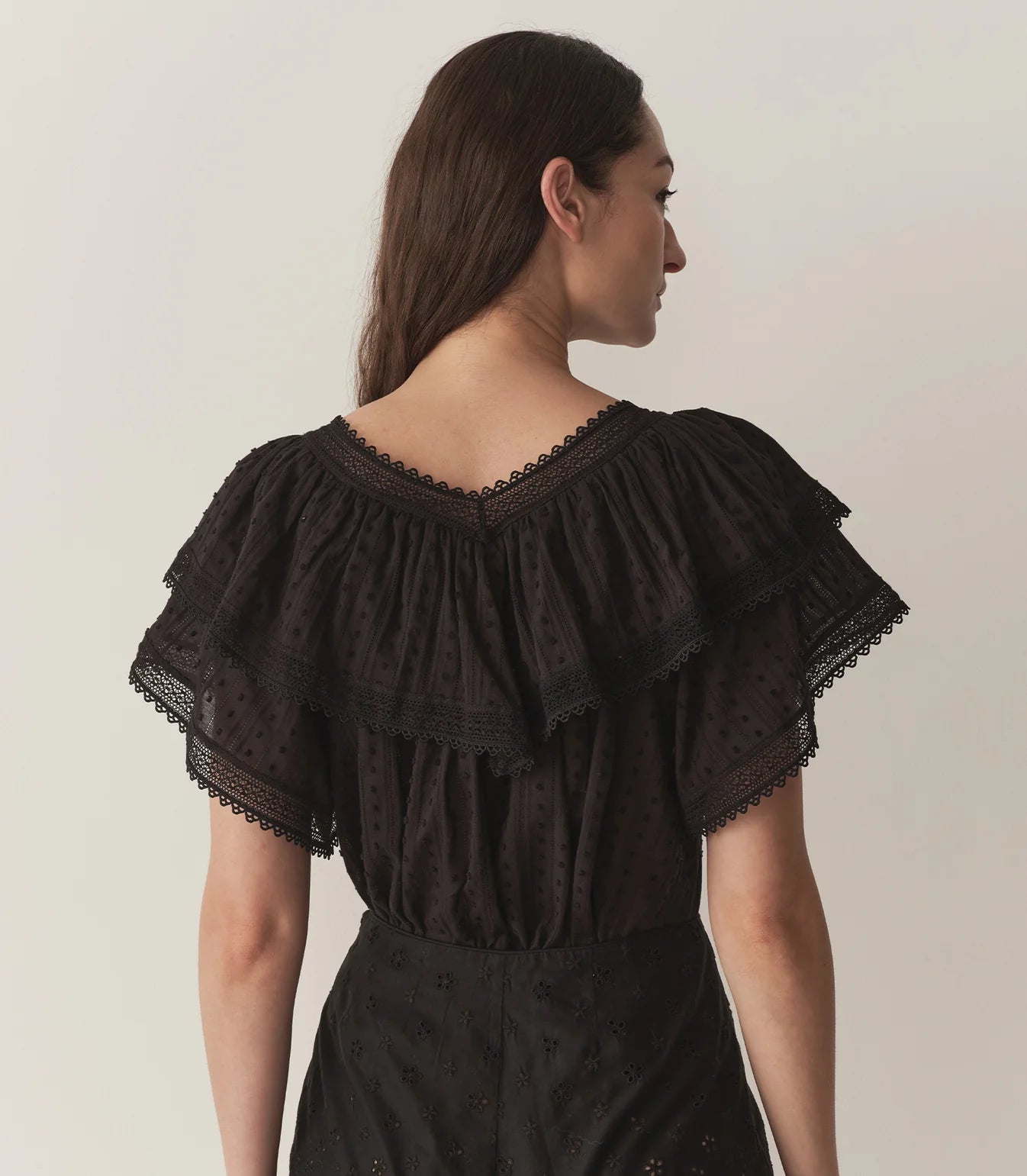 Experience effortless elegance with the Cosenza Top by Doen, crafted from vintage-inspired cotton-voile dobby for a lightweight, breathable feel. Its breezy cut and subtle V-neckline framed by a wide ruffle bring a touch of femininity, enhanced by intricate lace and delicate scallop trims. Oversized flutter sleeves add movement and charm, making it perfect for both casual days or dressing up. Style it loose for a relaxed vibe or tuck it into high-waisted jeans to elevate your look. 