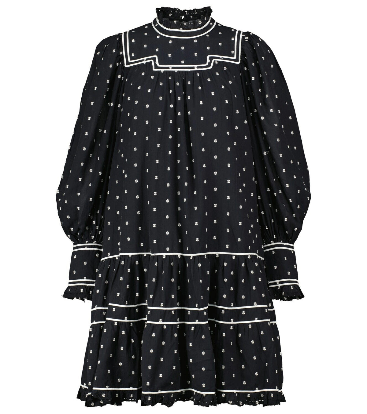 Feel flirty and feminine in the Blanche polka-dot cotton minidress by Ulla Johnson. The drop waist design and tiered skirt create a playful silhouette, while delicate lace trims and white piping add a charming touch. Made with black cotton poplin and embroidered polka-dots, this dress is both chic and whimsical.