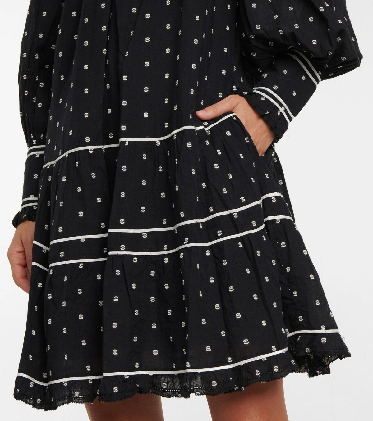 Feel flirty and feminine in the Blanche polka-dot cotton minidress by Ulla Johnson. The drop waist design and tiered skirt create a playful silhouette, while delicate lace trims and white piping add a charming touch. Made with black cotton poplin and embroidered polka-dots, this dress is both chic and whimsical.