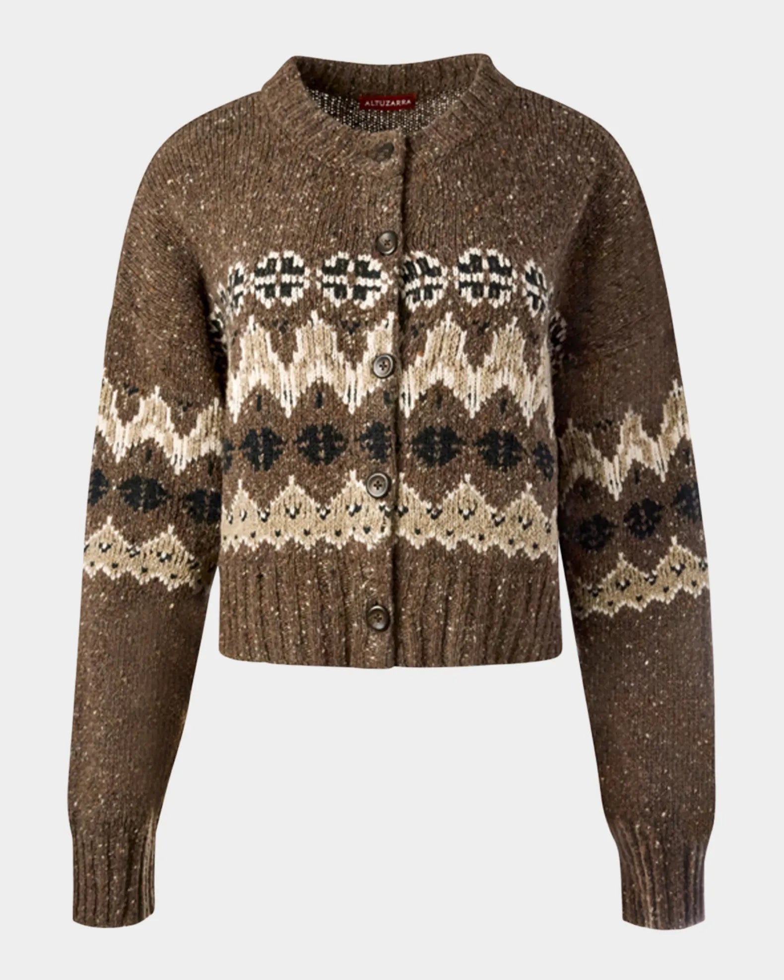 Elevate your everyday style with the Altuzarra Cammie Fair Isle Crop Cardigan, a sophisticated piece that effortlessly transitions from season to season. This relaxed-fit cardigan showcases a striking fair isle intarsia pattern that adds visual interest and texture to any outfit. Designed with drop shoulders and a cropped silhouette, it creates a flattering, modern proportion that pairs beautifully with high-waisted bottoms. 