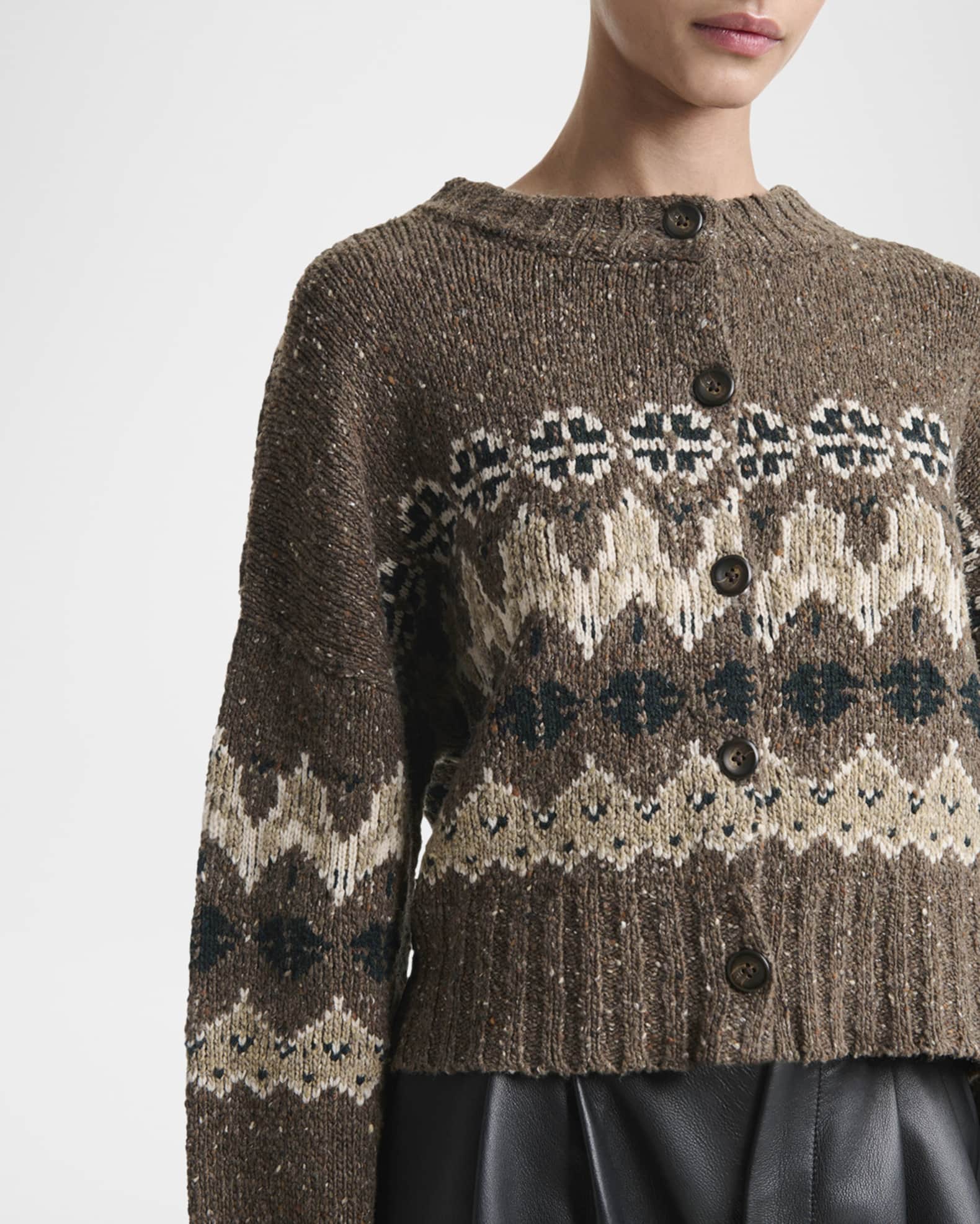 Elevate your everyday style with the Altuzarra Cammie Fair Isle Crop Cardigan, a sophisticated piece that effortlessly transitions from season to season. This relaxed-fit cardigan showcases a striking fair isle intarsia pattern that adds visual interest and texture to any outfit. Designed with drop shoulders and a cropped silhouette, it creates a flattering, modern proportion that pairs beautifully with high-waisted bottoms. 