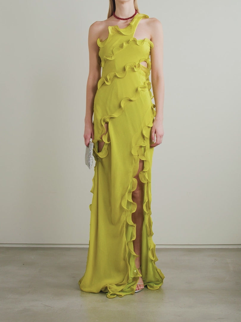 Elevate your style game with the Micola one-shoulder gown by Cult Gaia. Featuring an asymmetric cutout and crinkled-voile fabric, this gown exudes sophistication and modern elegance. Make a statement and turn heads at any event with this must-have dress.