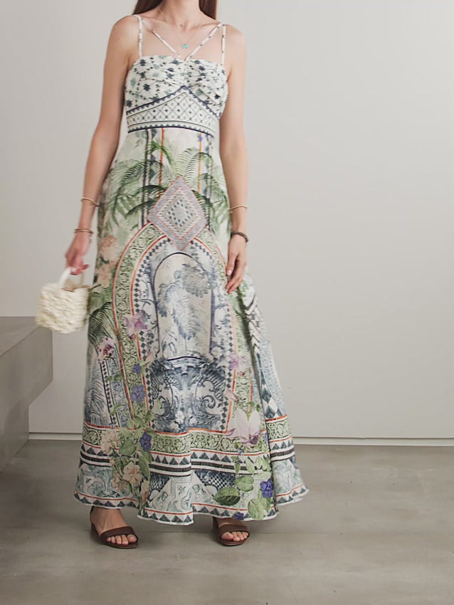 Inspired by the ornate gardens and rococo elegance of Portugal's Palácio de Estoi, Camilla's Jardim Party maxi dress captures timeless sophistication. Crafted from a breathable linen and silk blend, the silhouette features delicate gathering at the bust and intricate crystal embellishments that catch the light beautifully. Perfect for elevated occasions, style with lace-up sandals for an effortlessly refined look.
