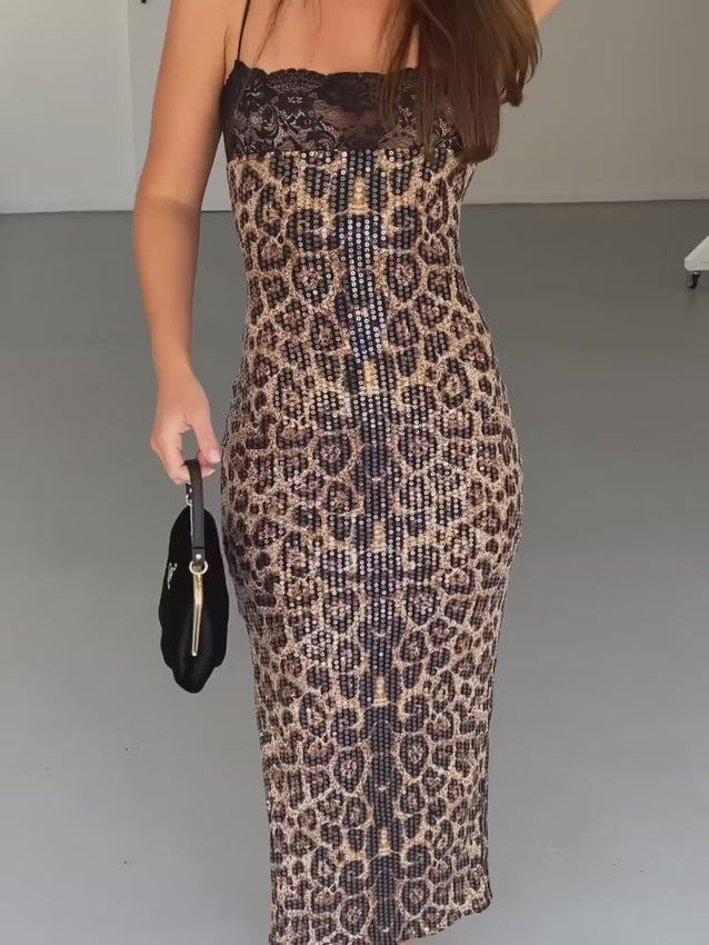 Transform your evenings in the Chui Midi Dress, where a bold sequin leopard print meets an elegant black lace bodice for instant sophistication. The sleek zip closure and expertly tailored cut sculpt a graceful silhouette, while soft mesh lining keeps you comfortable throughout the night. Seamlessly transitions from intimate gatherings to glamorous celebrations.