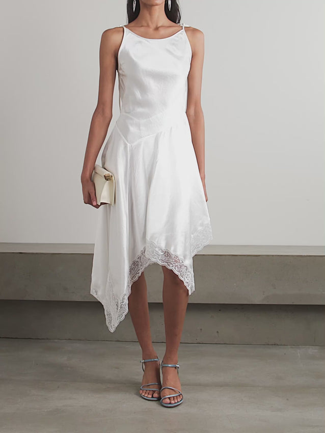 Cut on the bias from luminous white satin with a subtle hammered finish, the Doyla Hammered-satin Midi Dress by Acne Studios exudes effortless elegance. Its adjustable straps and self-tie belt let you tailor the fit to highlight your waist, while the asymmetric hem trimmed with delicate lace adds a touch of feminine allure. Perfect for making a refined statement, this dress beautifully captures light and movement for standout sophistication.