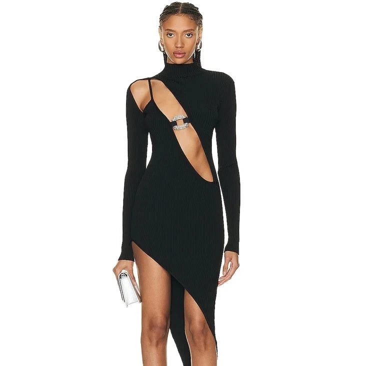 This high-end Dress Rihanna is designed for the confident and stylish woman in mind. Featuring a sexy Hollow Out design, high split, and slim rib long sleeves, this dress is perfect for any cocktail party or formal event. Its asymmetric bodycon silhouette will make you stand out and exude elegance. Get ready to turn heads and make a statement with this show-stopping dress.