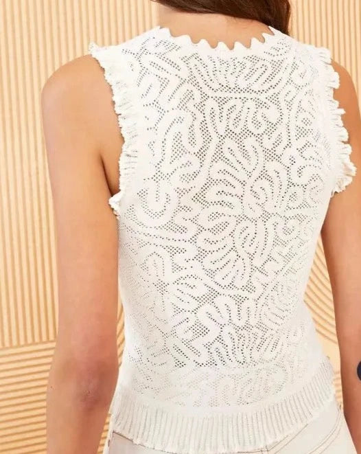 Introducing the Ulla Johnson Zoe Mesh Tank Top. With ruffled details, elastic knitted fabric, and a vintage-inspired design, this tank top is the perfect blend of casual and stylish. Stay comfortable all day while looking effortlessly chic.